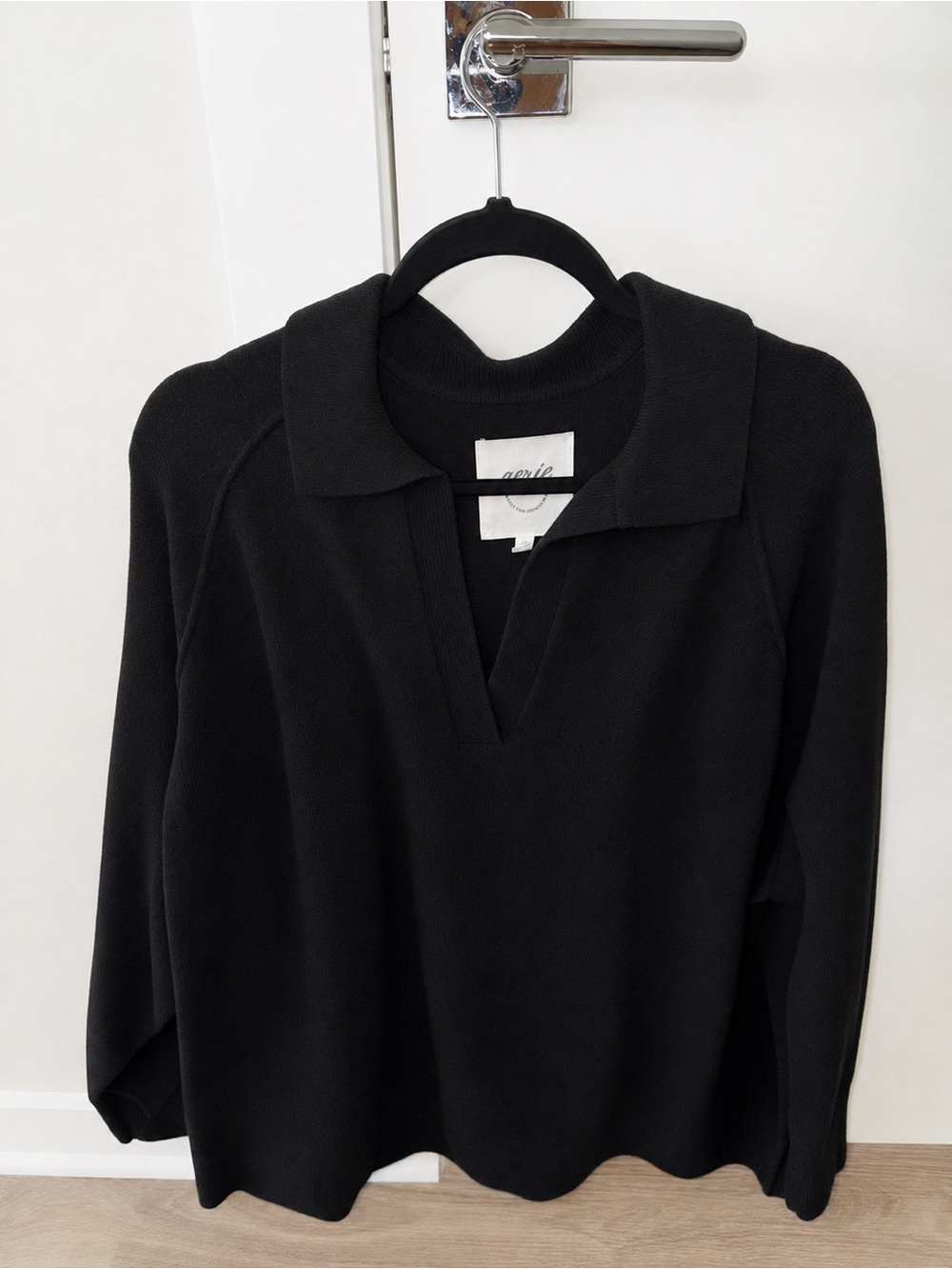 aerie Black V-Neck Polo Knit Top